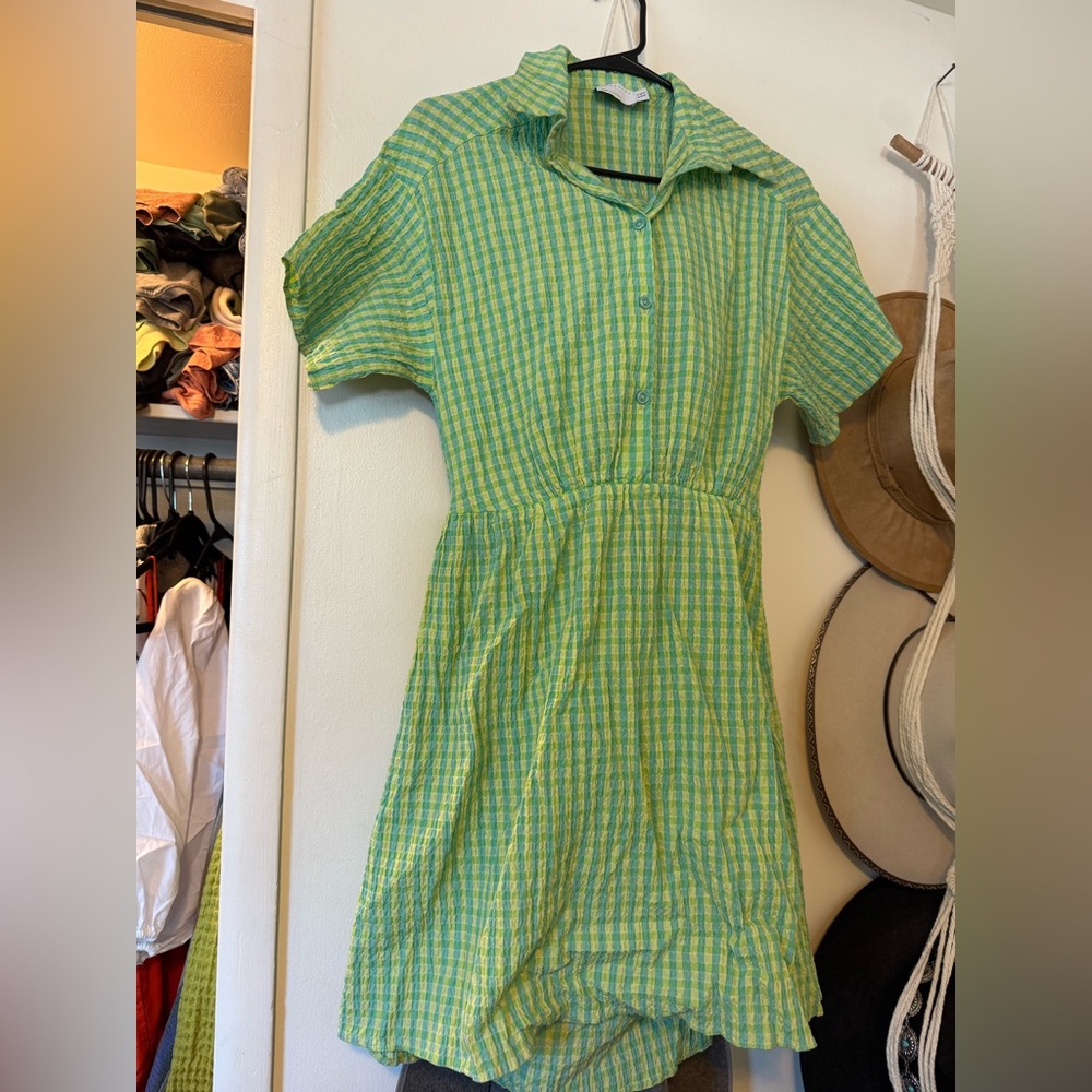 WORN ONCE 🌟 ASOS design cut out back shirt mini dress in green and yellow check